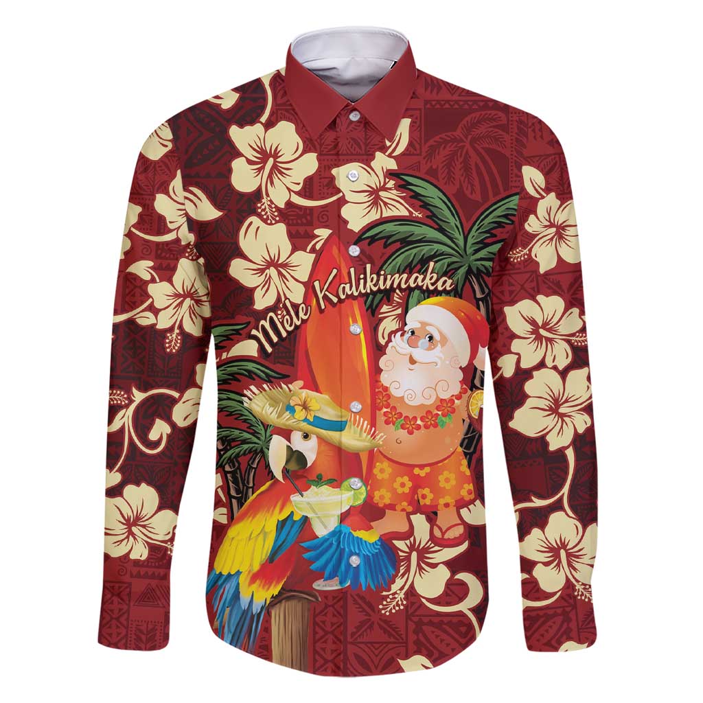 Crimson Red Tropical Christmas Hawaii Tapa Family Matching Short Sleeve Bodycon Dress and Hawaiian Shirt Aloha Santa Drink Party LT7 Dad's Shirt - Long Sleeve Red - Polynesian Pride
