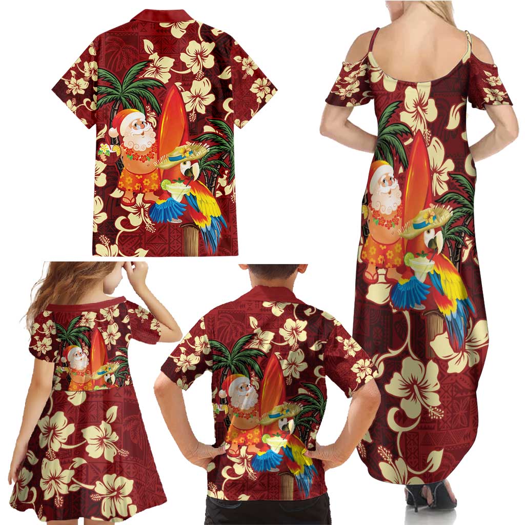 Crimson Red Tropical Christmas Hawaii Tapa Family Matching Summer Maxi Dress and Hawaiian Shirt Aloha Santa Drink Party LT7 - Polynesian Pride