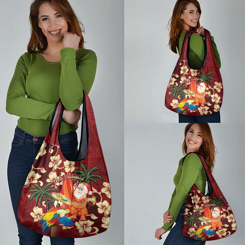 Crimson Red Tropical Christmas Hawaii Tapa Grocery Bag Aloha Santa Drink Party - Polynesian Pride
