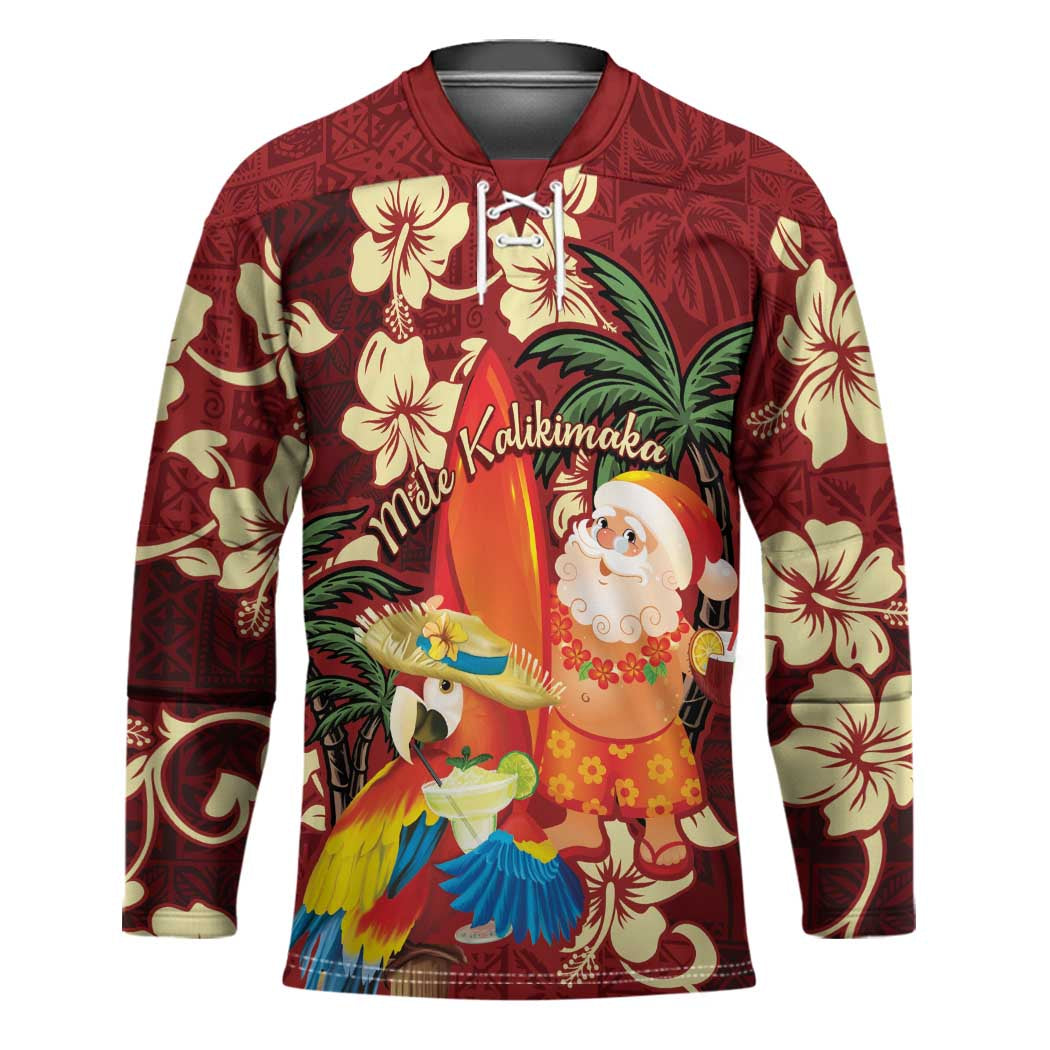 Crimson Red Tropical Christmas Hawaii Tapa Hockey Jersey Aloha Santa Drink Party LT7 Unisex Red - Polynesian Pride