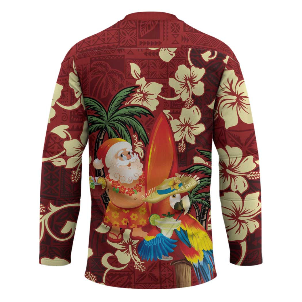 Crimson Red Tropical Christmas Hawaii Tapa Hockey Jersey Aloha Santa Drink Party LT7 - Polynesian Pride