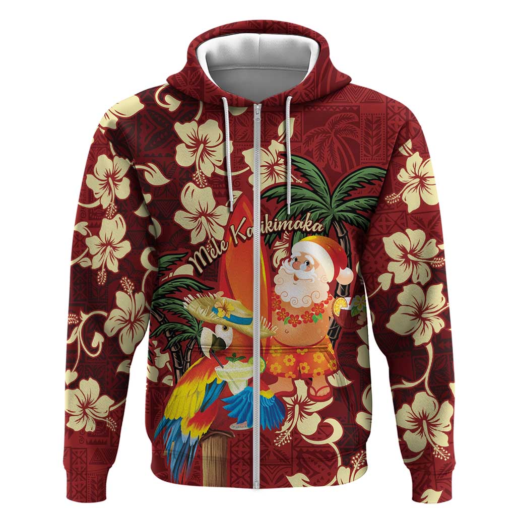 Crimson Red Tropical Christmas Hawaii Tapa Hoodie Aloha Santa Drink Party LT7 Zip Hoodie Red - Polynesian Pride