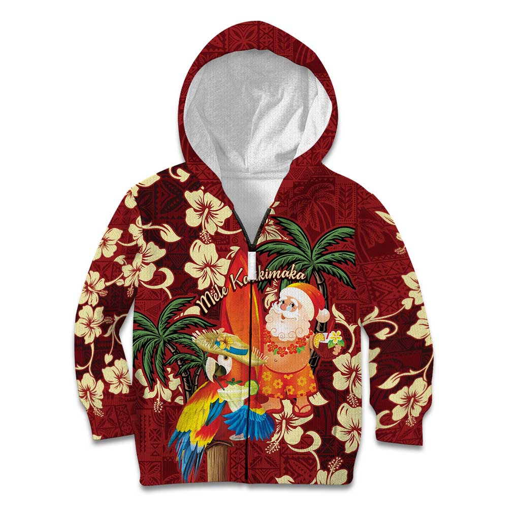 Crimson Red Tropical Christmas Hawaii Tapa Kid Hoodie Aloha Santa Drink Party LT7 Zip Hoodie Red - Polynesian Pride