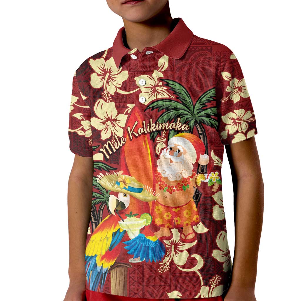 Crimson Red Tropical Christmas Hawaii Tapa Kid Polo Shirt Aloha Santa Drink Party LT7 Kid Red - Polynesian Pride