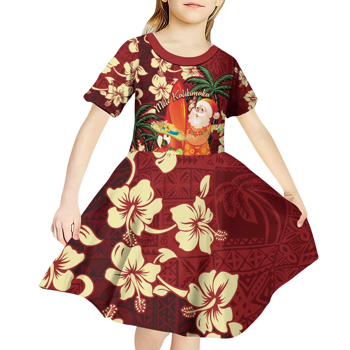 Crimson Red Tropical Christmas Hawaii Tapa Kid Short Sleeve Dress Aloha Santa Drink Party LT7 - Polynesian Pride