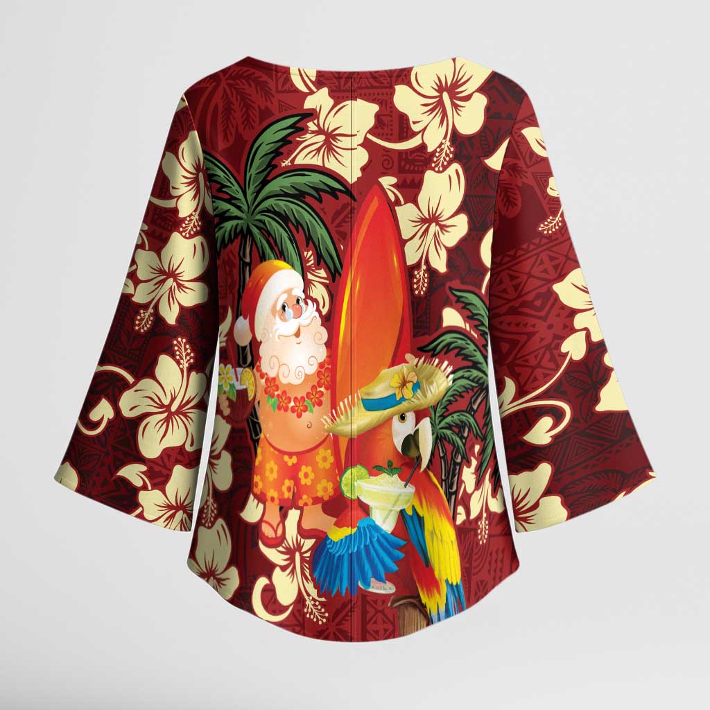 Crimson Red Tropical Christmas Hawaii Tapa Kimono Sleeve Blouse Aloha Santa Drink Party LT7 - Polynesian Pride