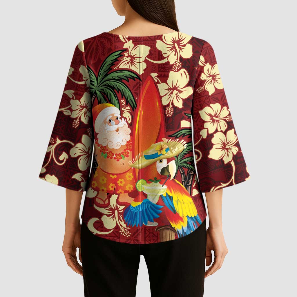 Crimson Red Tropical Christmas Hawaii Tapa Kimono Sleeve Blouse Aloha Santa Drink Party LT7 - Polynesian Pride