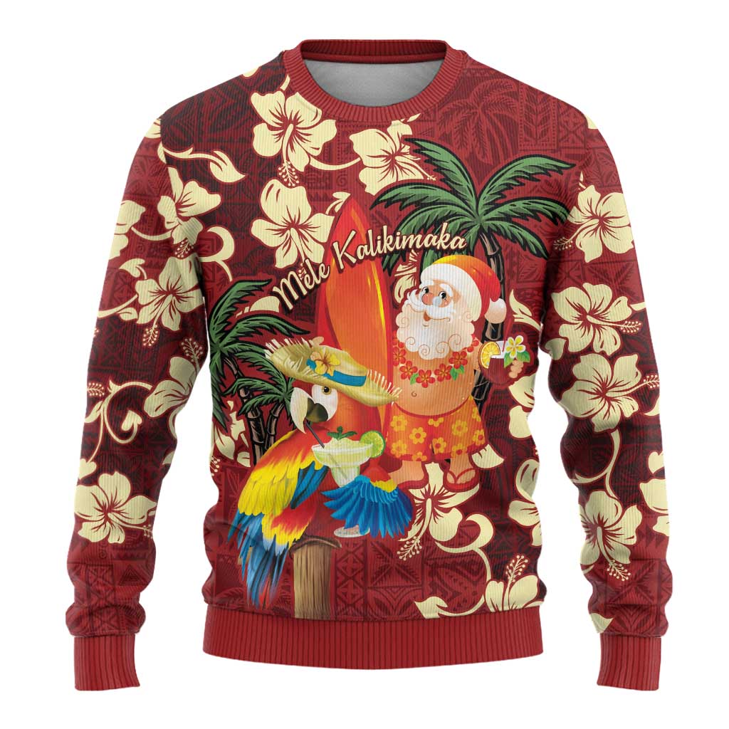 Crimson Red Tropical Christmas Hawaii Tapa Ugly Christmas Sweater Aloha Santa Drink Party LT7 - Polynesian Pride
