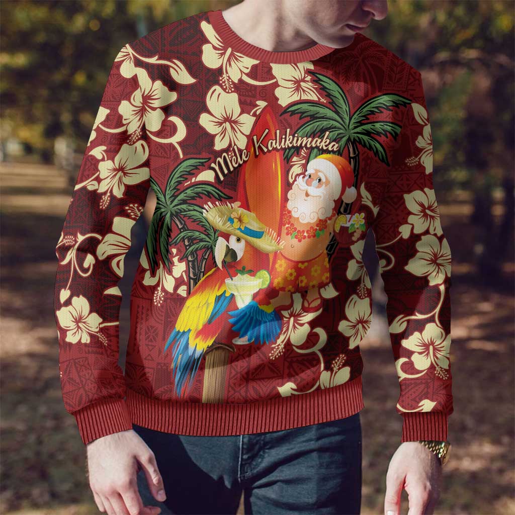Crimson Red Tropical Christmas Hawaii Tapa Ugly Christmas Sweater Aloha Santa Drink Party LT7 - Polynesian Pride
