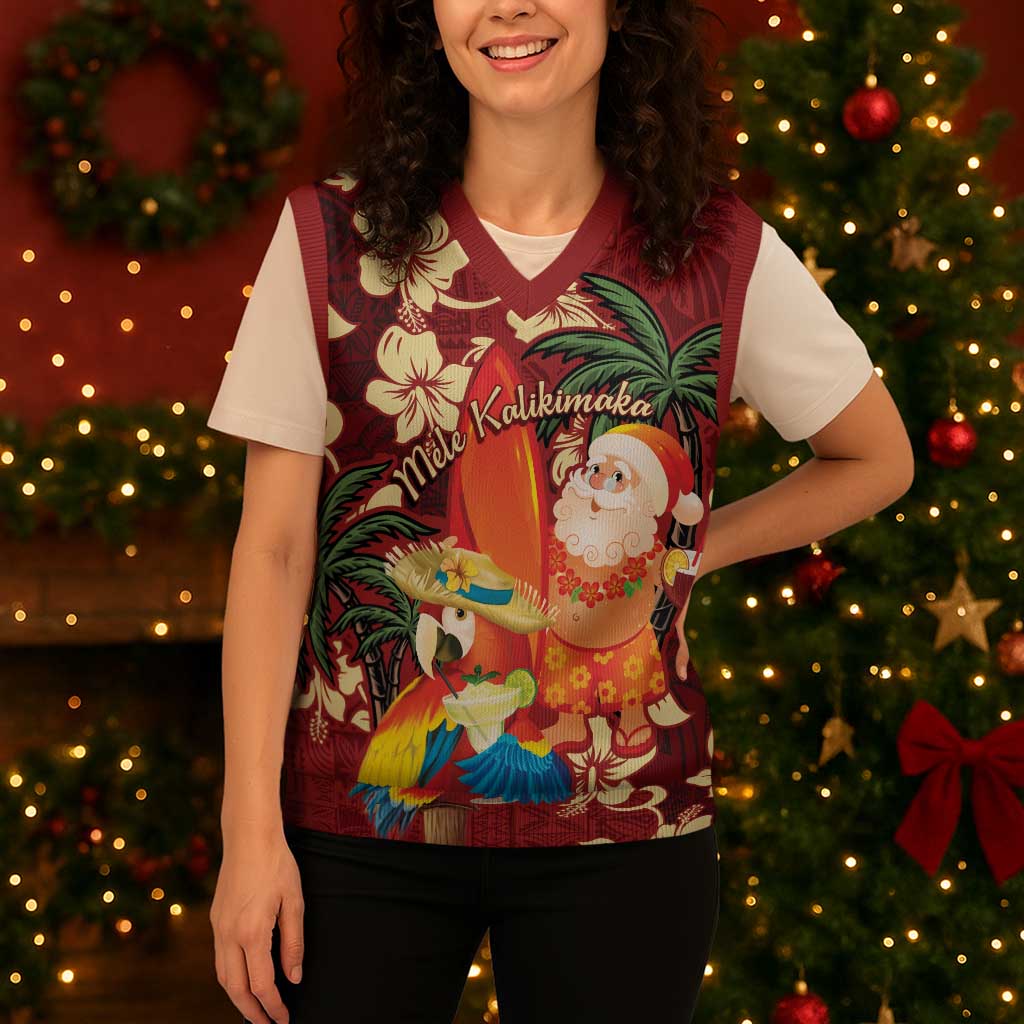 Crimson Red Tropical Christmas Hawaii Tapa Christmas Knitted V-Neck Vest Aloha Santa Drink Party LT7 - Polynesian Pride