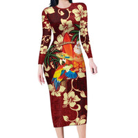 Crimson Red Tropical Christmas Hawaii Tapa Long Sleeve Bodycon Dress Aloha Santa Drink Party LT7 Long Dress Red - Polynesian Pride