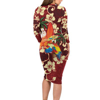 Crimson Red Tropical Christmas Hawaii Tapa Long Sleeve Bodycon Dress Aloha Santa Drink Party LT7 - Polynesian Pride