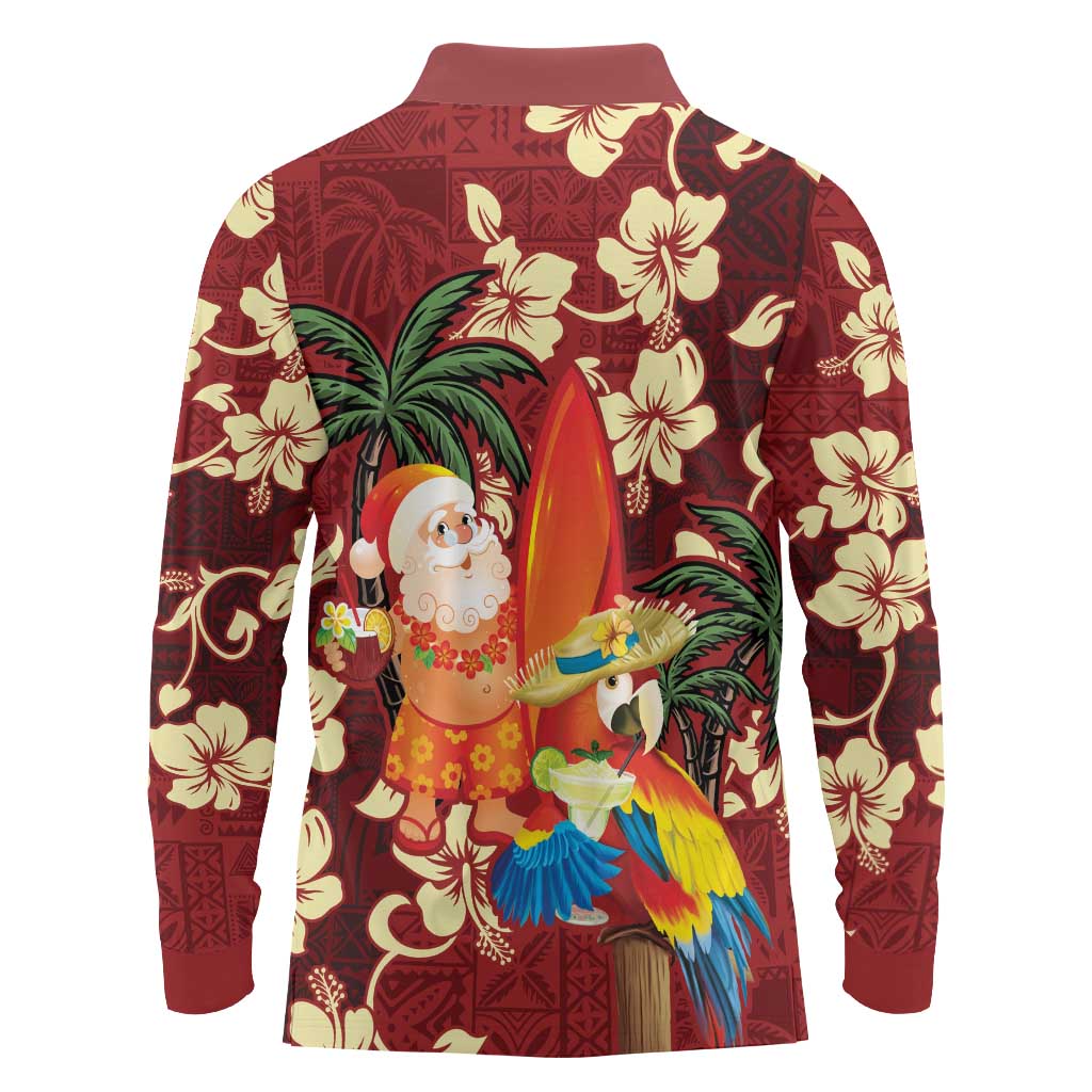 Crimson Red Tropical Christmas Hawaii Tapa Long Sleeve Polo Shirt Aloha Santa Drink Party LT7 - Polynesian Pride