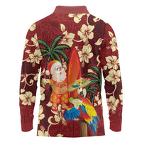 Crimson Red Tropical Christmas Hawaii Tapa Long Sleeve Polo Shirt Aloha Santa Drink Party LT7 - Polynesian Pride