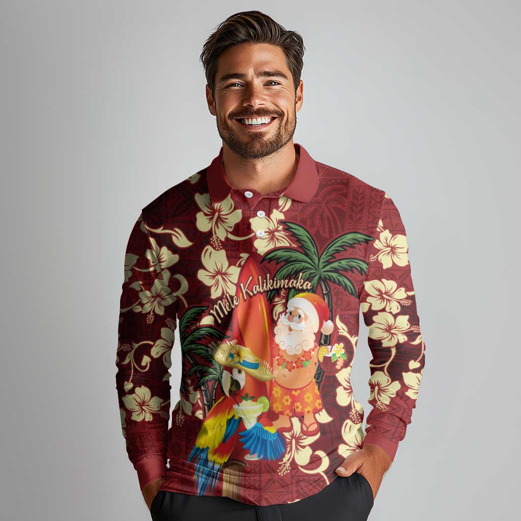 Crimson Red Tropical Christmas Hawaii Tapa Long Sleeve Polo Shirt Aloha Santa Drink Party LT7 - Polynesian Pride