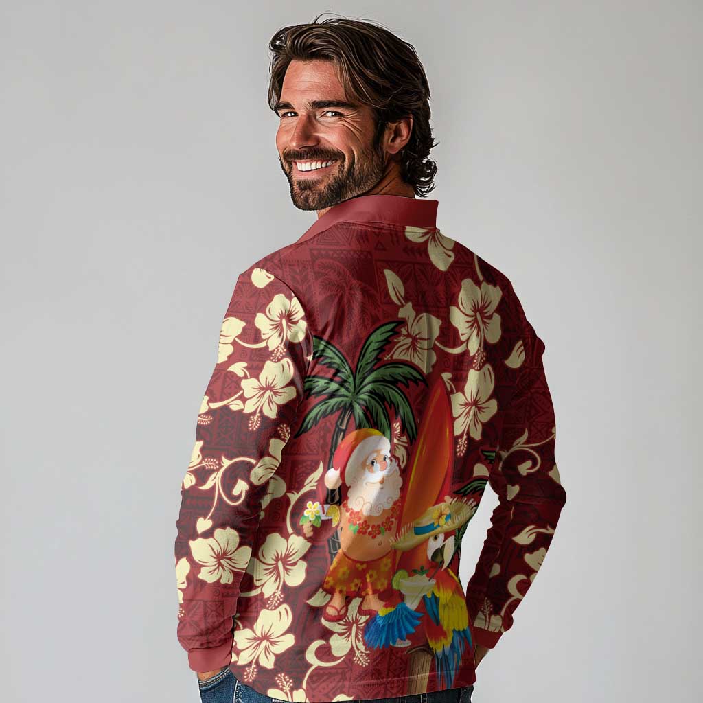 Crimson Red Tropical Christmas Hawaii Tapa Long Sleeve Polo Shirt Aloha Santa Drink Party LT7 - Polynesian Pride