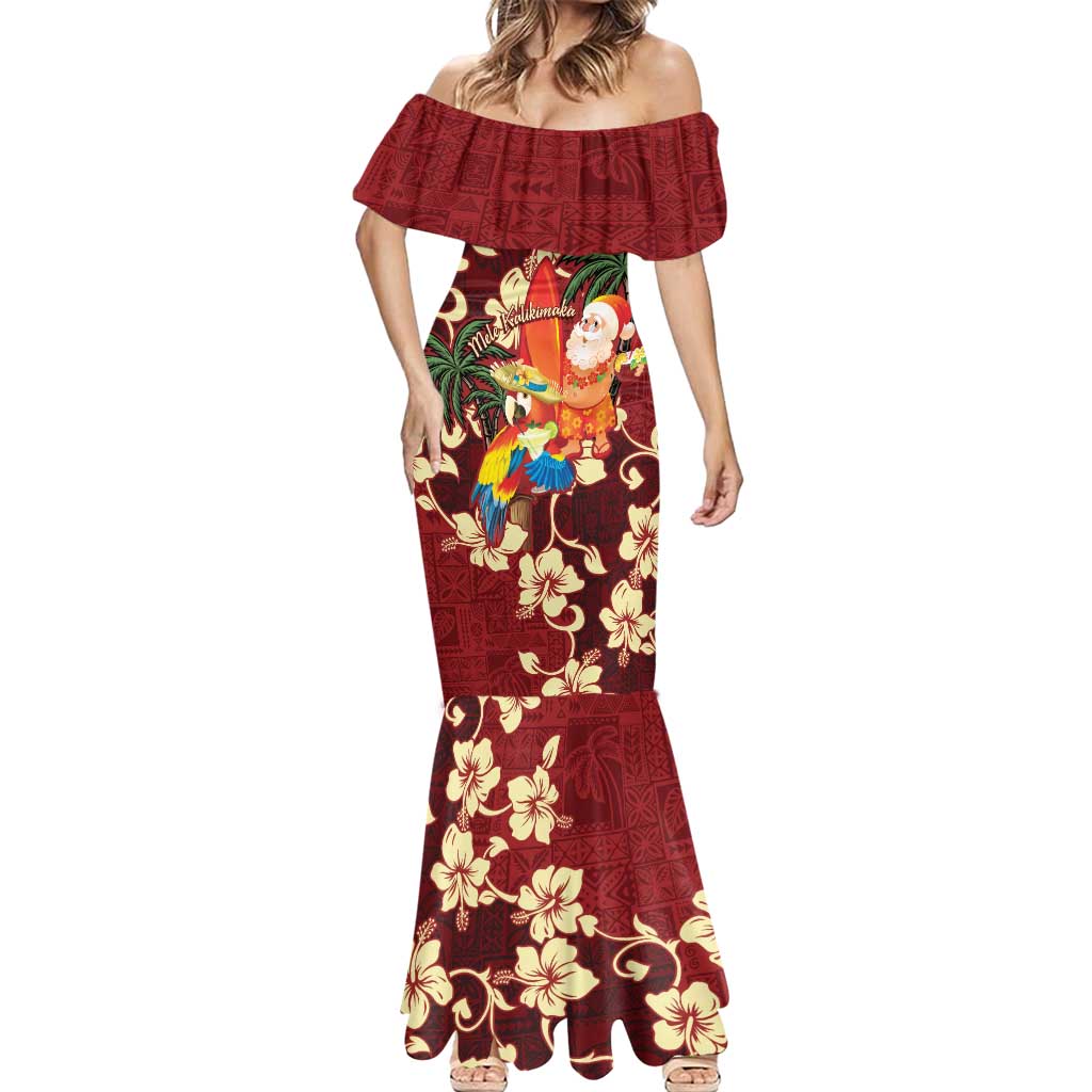 Crimson Red Tropical Christmas Hawaii Tapa Mermaid Dress Aloha Santa Drink Party LT7 - Polynesian Pride