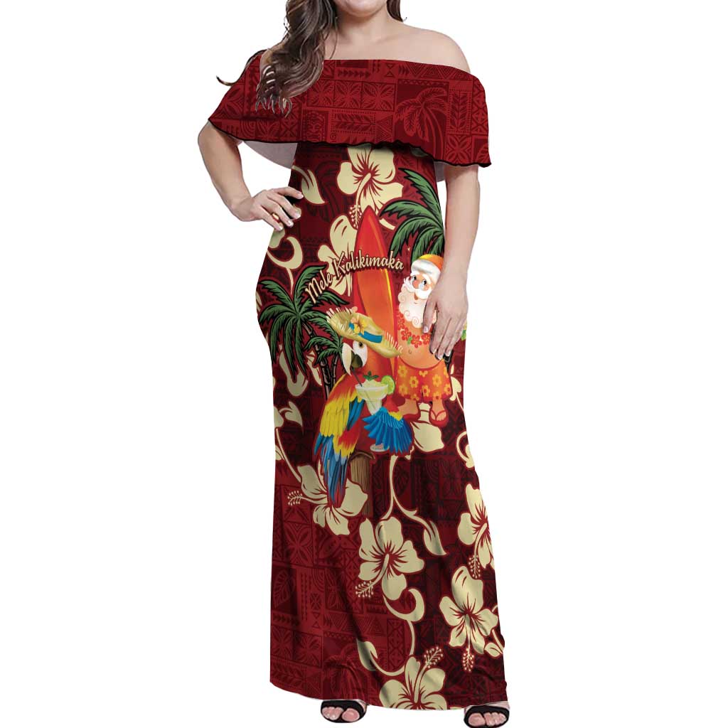 Crimson Red Tropical Christmas Hawaii Tapa Off Shoulder Maxi Dress Aloha Santa Drink Party LT7 Women Red - Polynesian Pride