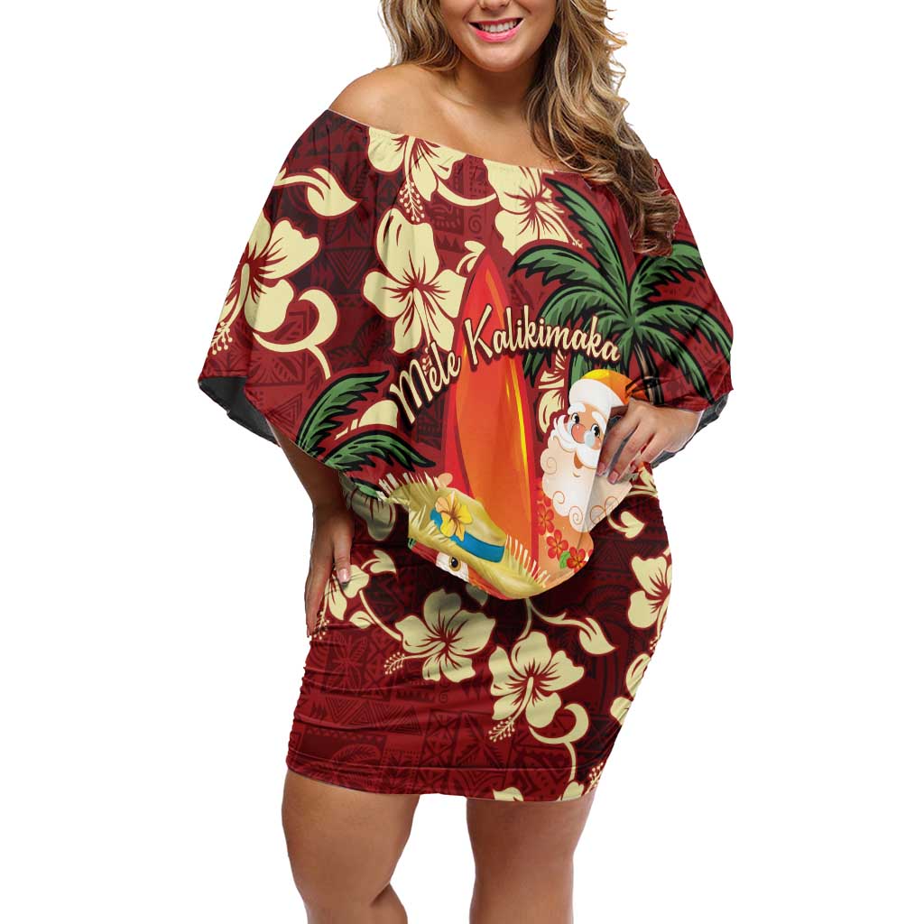 Crimson Red Tropical Christmas Hawaii Tapa Off Shoulder Short Dress Aloha Santa Drink Party LT7 Women Red - Polynesian Pride
