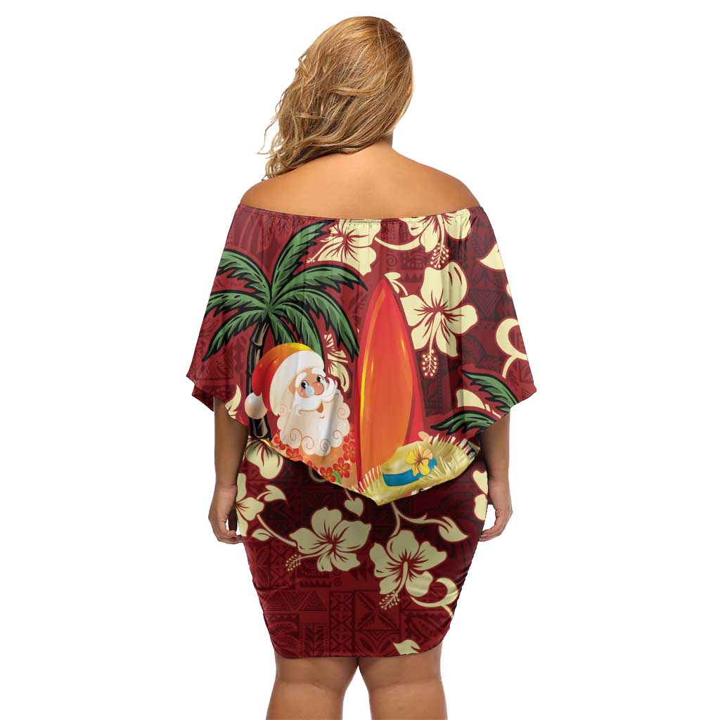 Crimson Red Tropical Christmas Hawaii Tapa Off Shoulder Short Dress Aloha Santa Drink Party LT7 - Polynesian Pride