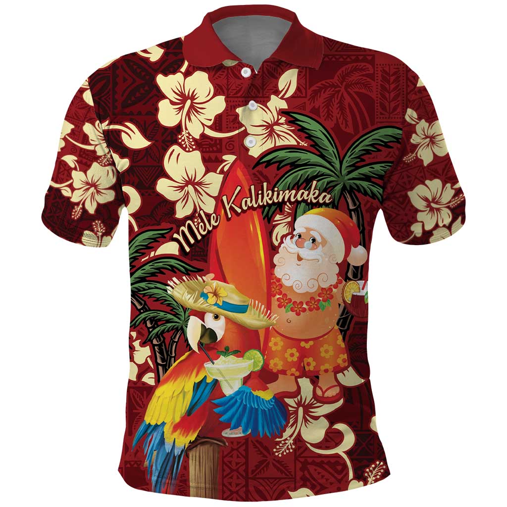 Crimson Red Tropical Christmas Hawaii Tapa Polo Shirt Aloha Santa Drink Party LT7 Red - Polynesian Pride
