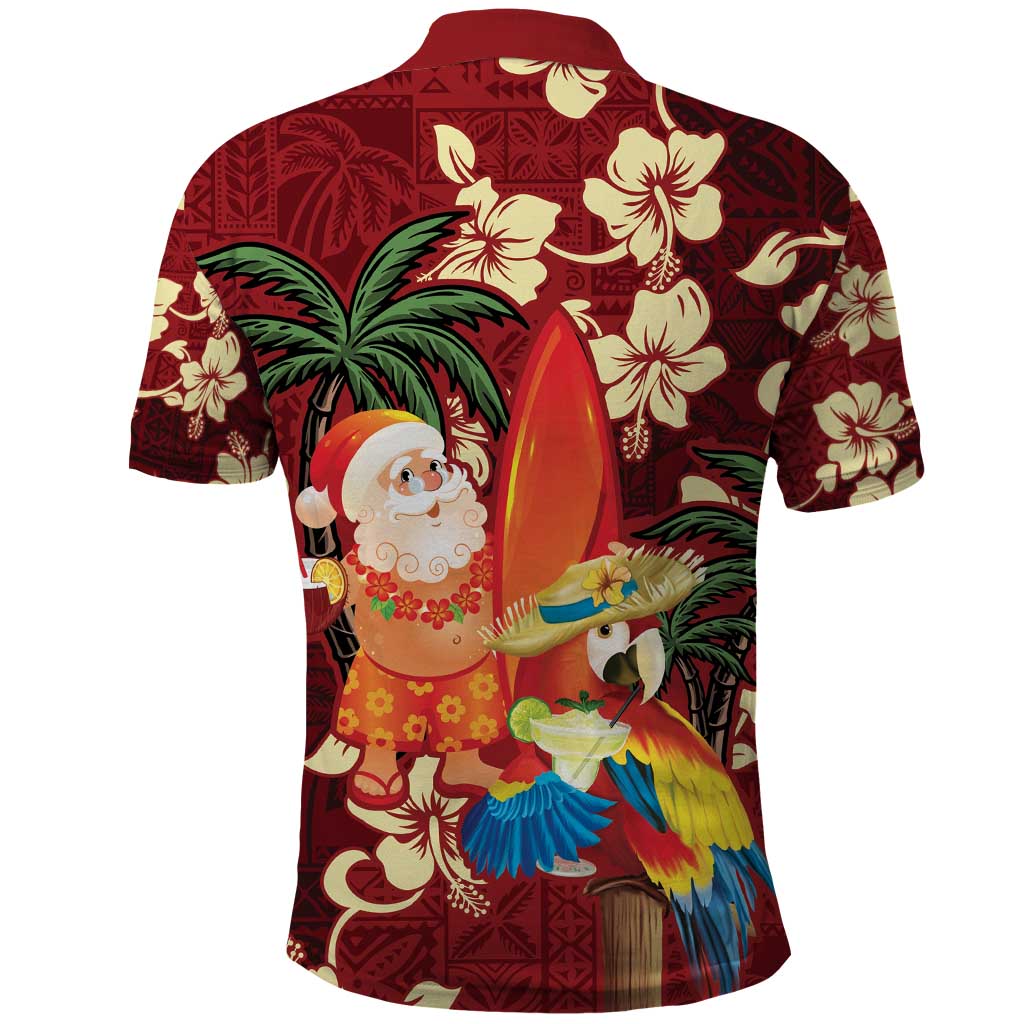 Crimson Red Tropical Christmas Hawaii Tapa Polo Shirt Aloha Santa Drink Party LT7 - Polynesian Pride