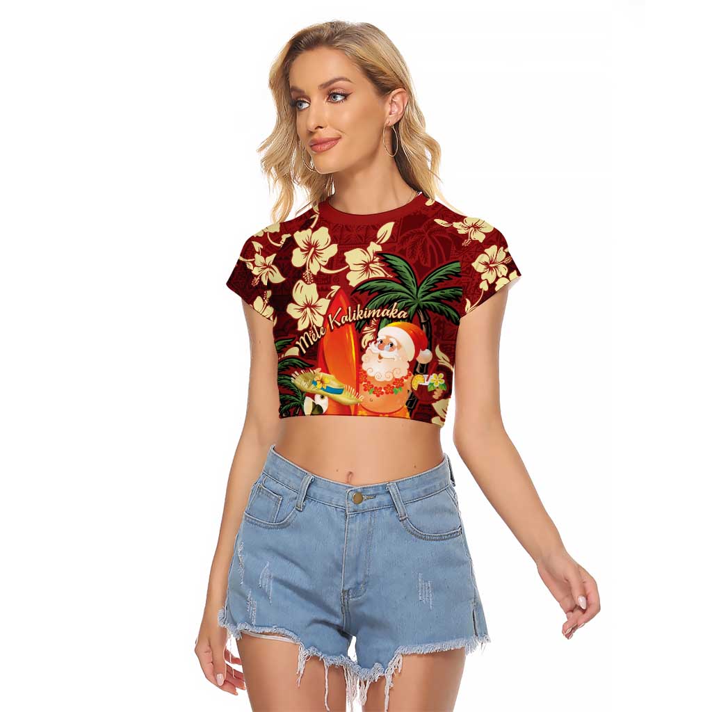 Crimson Red Tropical Christmas Hawaii Tapa Raglan Cropped T Shirt Aloha Santa Drink Party LT7 Female Red - Polynesian Pride