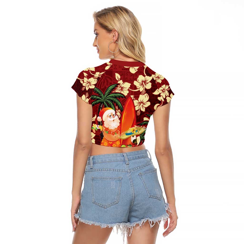 Crimson Red Tropical Christmas Hawaii Tapa Raglan Cropped T Shirt Aloha Santa Drink Party LT7 - Polynesian Pride