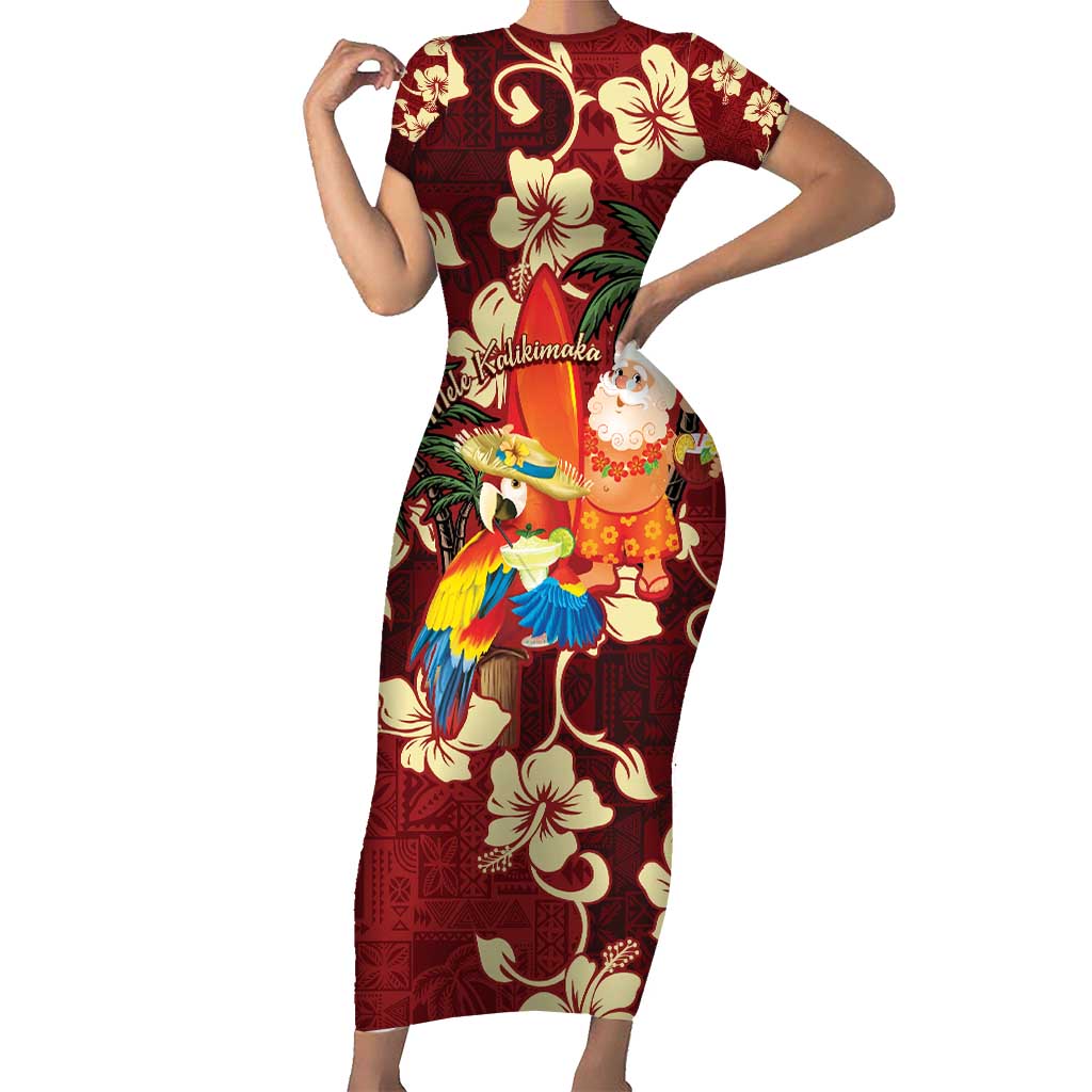 Crimson Red Tropical Christmas Hawaii Tapa Short Sleeve Bodycon Dress Aloha Santa Drink Party LT7 Long Dress Red - Polynesian Pride