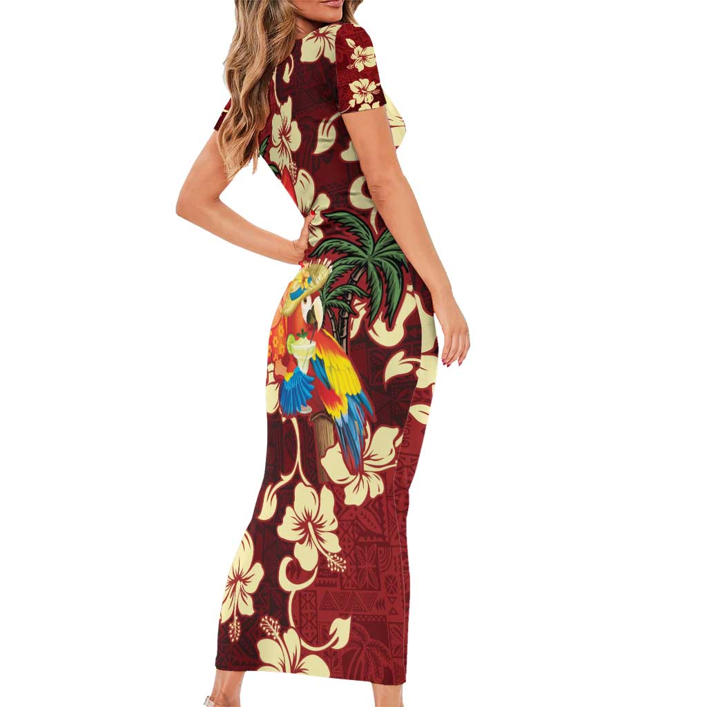 Crimson Red Tropical Christmas Hawaii Tapa Short Sleeve Bodycon Dress Aloha Santa Drink Party LT7 - Polynesian Pride