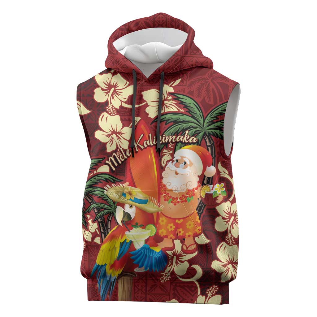 Crimson Red Tropical Christmas Hawaii Tapa Sleeveless Hoodie Aloha Santa Drink Party LT7 Red - Polynesian Pride