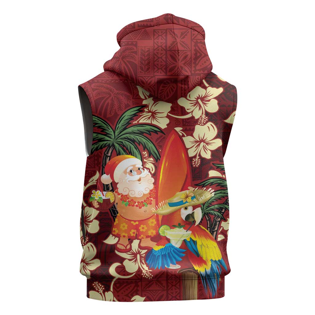 Crimson Red Tropical Christmas Hawaii Tapa Sleeveless Hoodie Aloha Santa Drink Party LT7 - Polynesian Pride