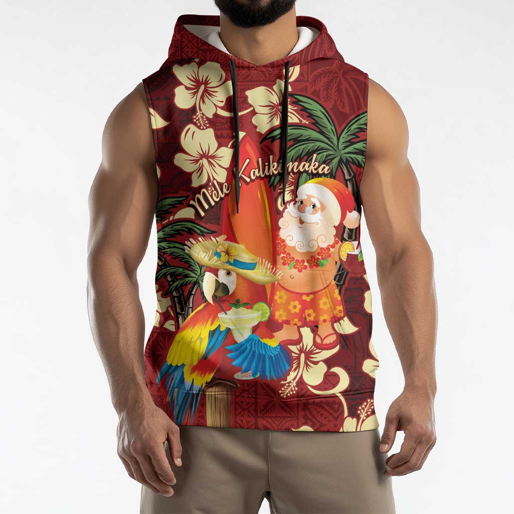 Crimson Red Tropical Christmas Hawaii Tapa Sleeveless Hoodie Aloha Santa Drink Party LT7 - Polynesian Pride