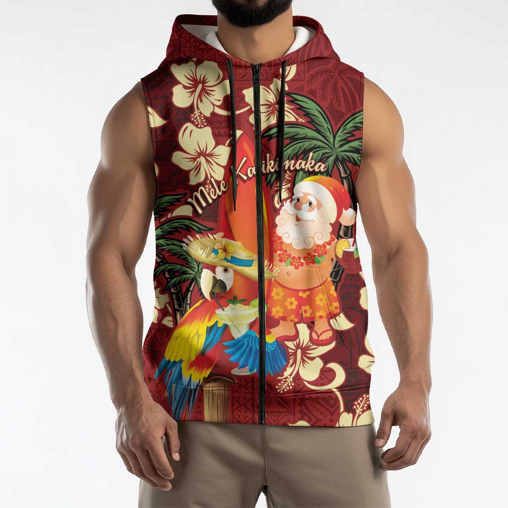 Crimson Red Tropical Christmas Hawaii Tapa Sleeveless Zip Hoodie Aloha Santa Drink Party LT7 - Polynesian Pride