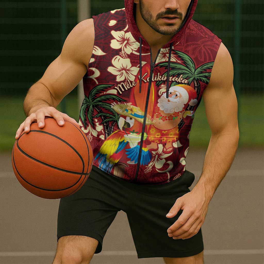Crimson Red Tropical Christmas Hawaii Tapa Sleeveless Zip Hoodie Aloha Santa Drink Party LT7 - Polynesian Pride