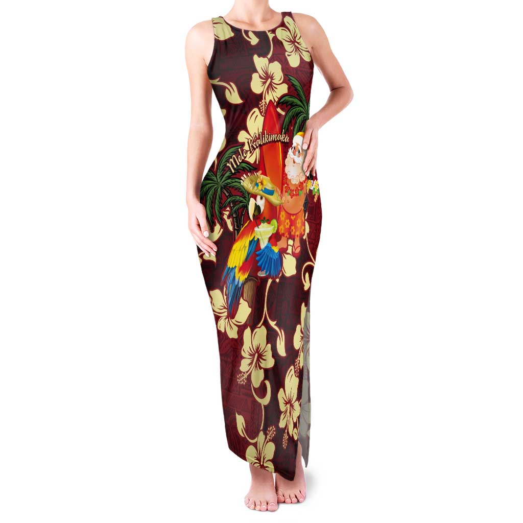 Crimson Red Tropical Christmas Hawaii Tapa Tank Maxi Dress Aloha Santa Drink Party LT7 Women Red - Polynesian Pride