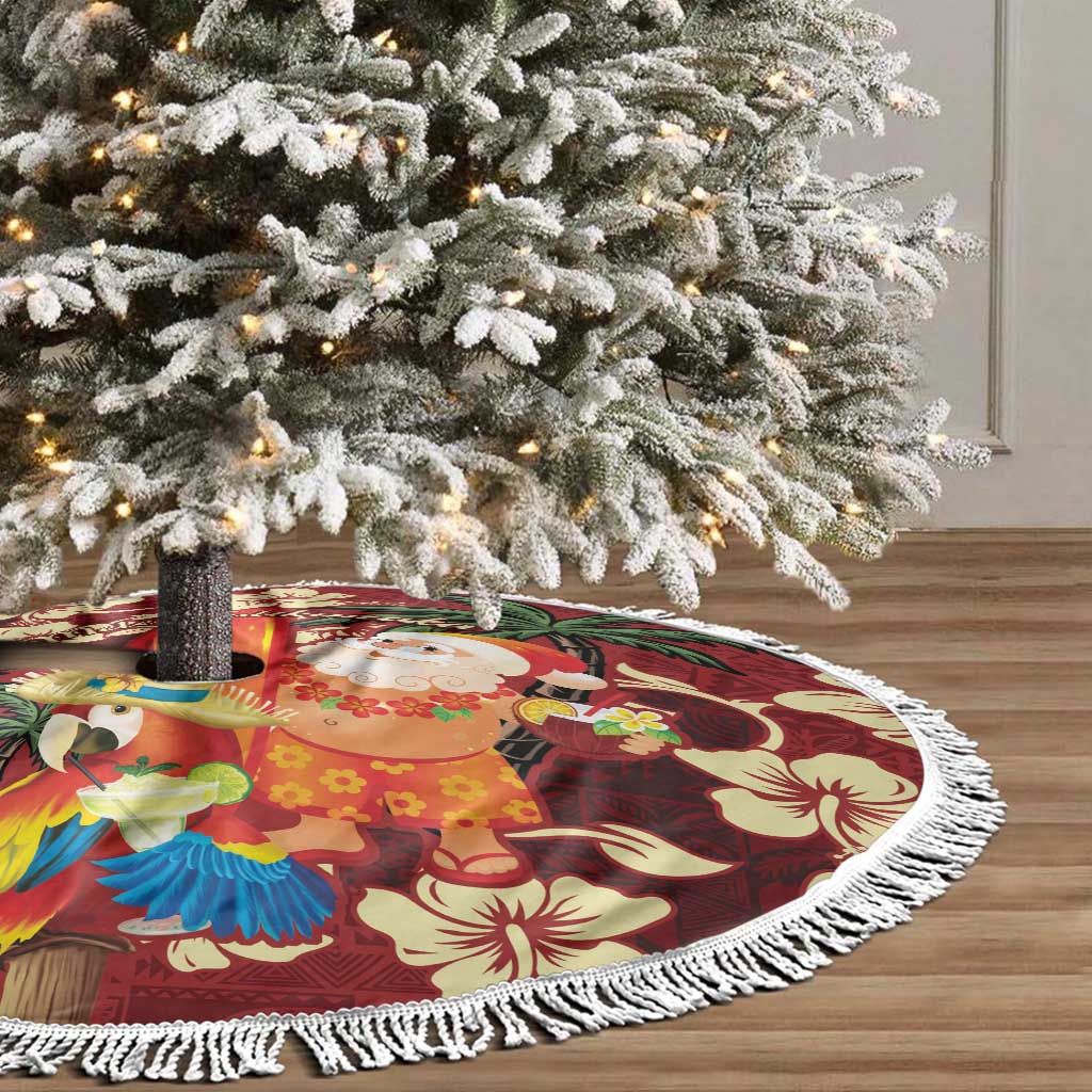 Crimson Red Tropical Christmas Hawaii Tapa Tree Skirt Aloha Santa Drink Party - Polynesian Pride
