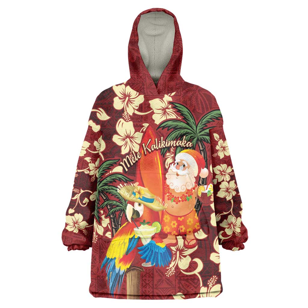 Crimson Red Tropical Christmas Hawaii Tapa Wearable Blanket Hoodie Aloha Santa Drink Party LT7 One Size Red - Polynesian Pride
