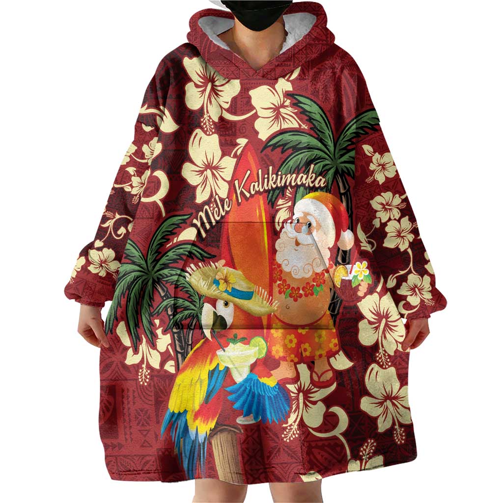 Crimson Red Tropical Christmas Hawaii Tapa Wearable Blanket Hoodie Aloha Santa Drink Party LT7 - Polynesian Pride