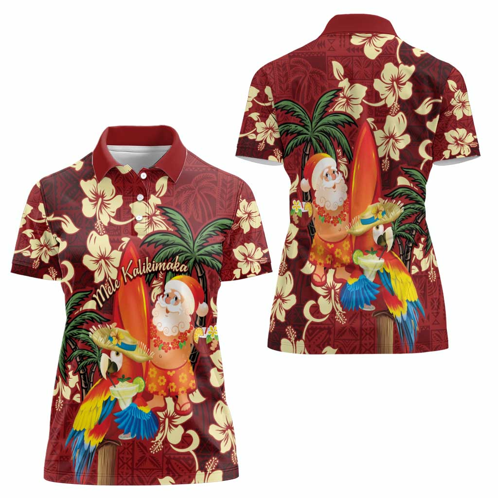 Crimson Red Tropical Christmas Hawaii Tapa Women Polo Shirt Aloha Santa Drink Party - Polynesian Pride