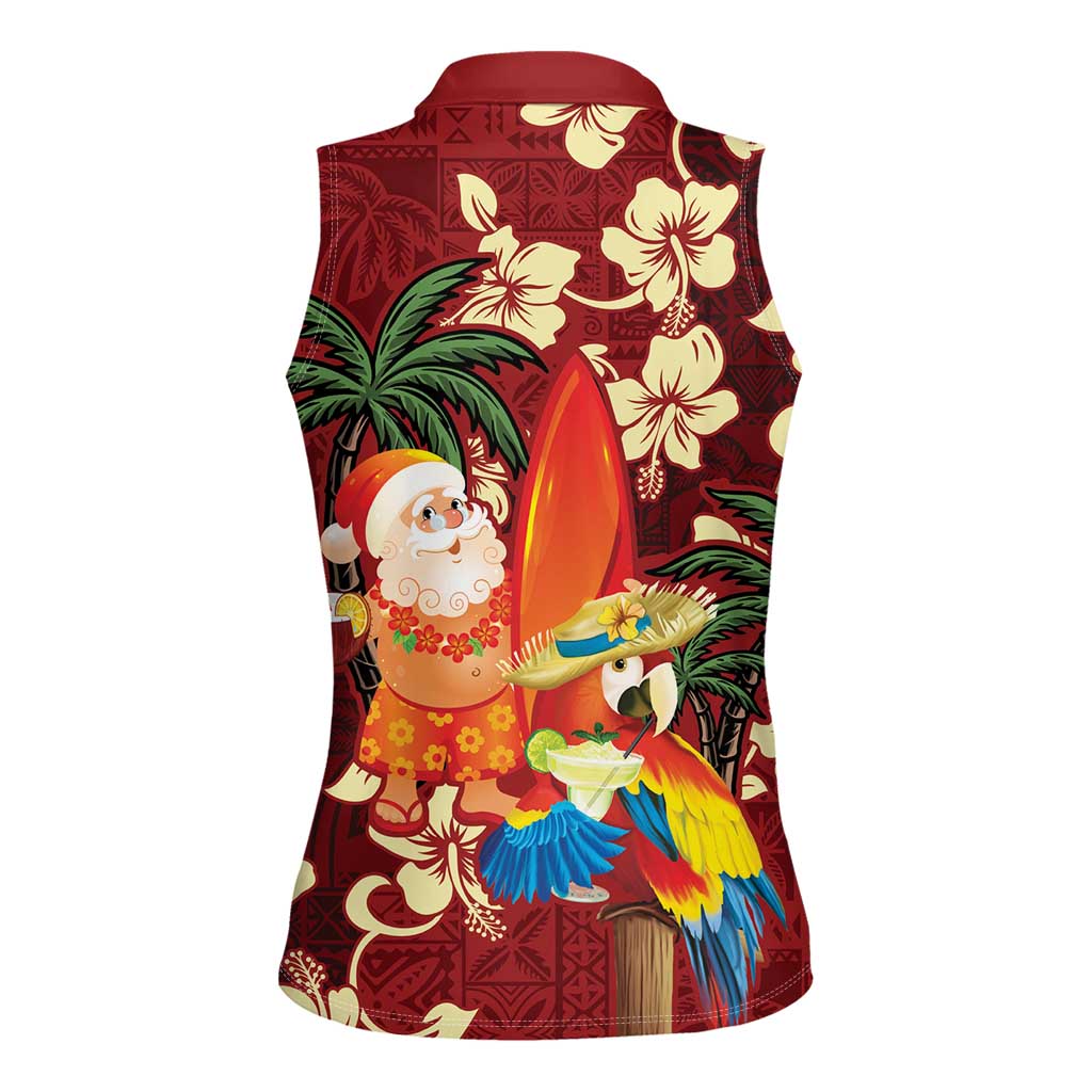 Crimson Red Tropical Christmas Hawaii Tapa Women Sleeveless Polo Shirt Aloha Santa Drink Party LT7 - Polynesian Pride