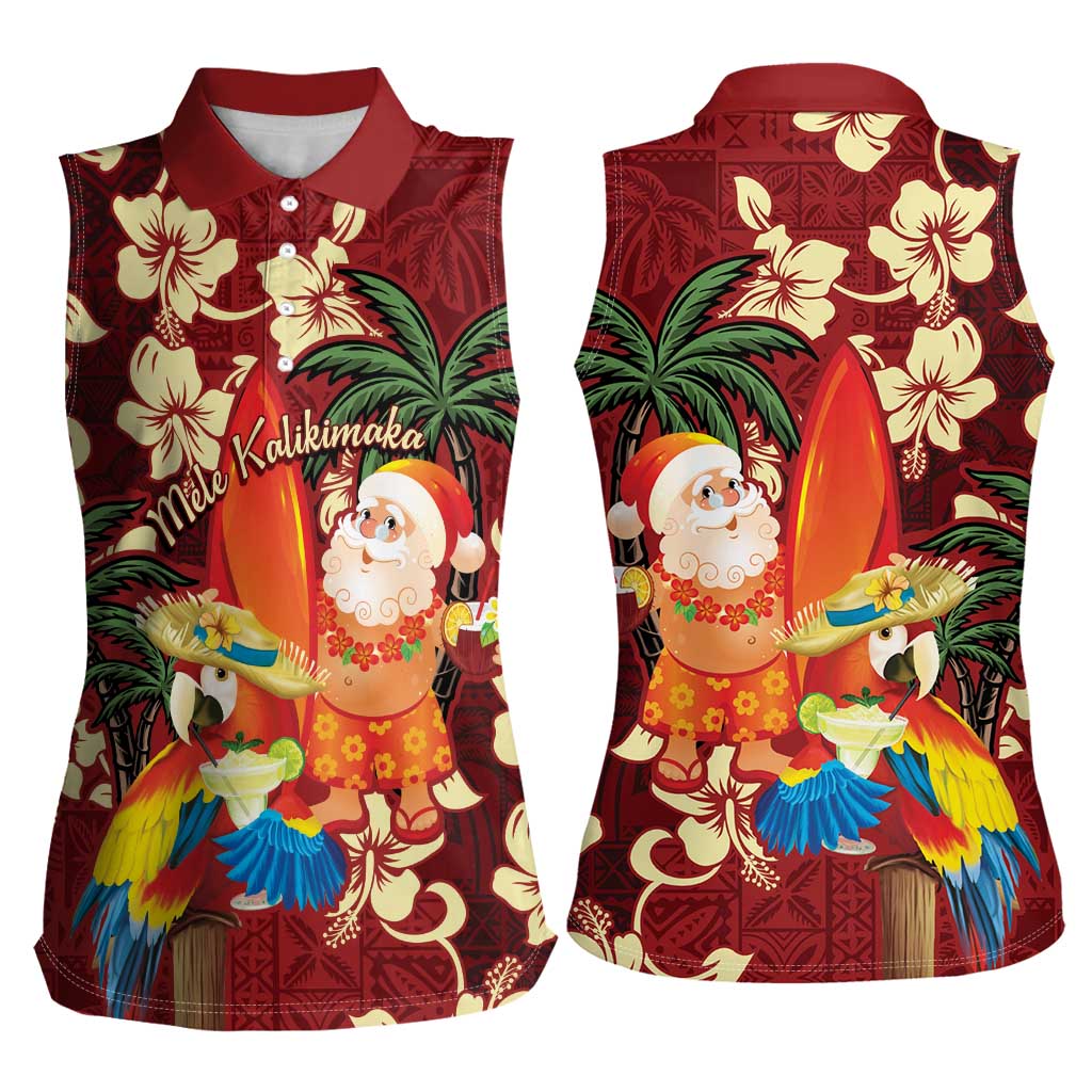 Crimson Red Tropical Christmas Hawaii Tapa Women Sleeveless Polo Shirt Aloha Santa Drink Party LT7 - Polynesian Pride