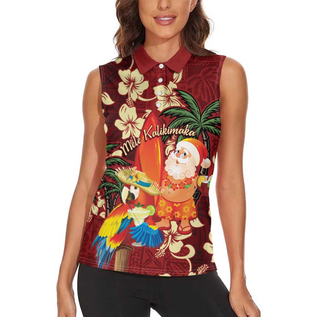 Crimson Red Tropical Christmas Hawaii Tapa Women Sleeveless Polo Shirt Aloha Santa Drink Party LT7 - Polynesian Pride