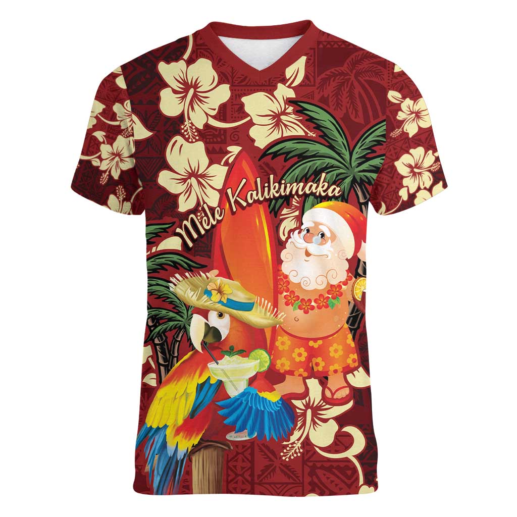 Crimson Red Tropical Christmas Hawaii Tapa Women V-Neck T-Shirt Aloha Santa Drink Party LT7 Female Red - Polynesian Pride