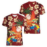 Crimson Red Tropical Christmas Hawaii Tapa Women V-Neck T-Shirt Aloha Santa Drink Party LT7 - Polynesian Pride