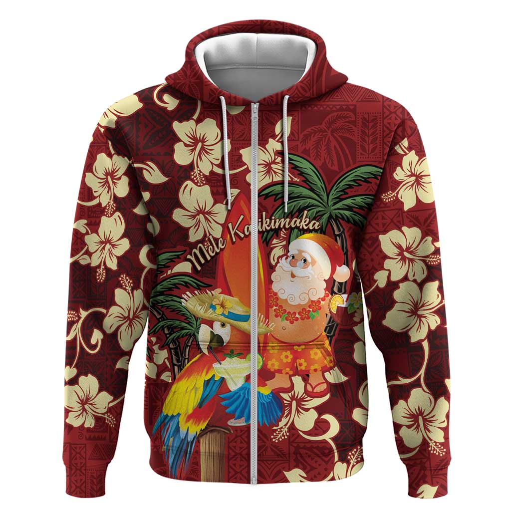 Crimson Red Tropical Christmas Hawaii Tapa Zip Hoodie Aloha Santa Drink Party LT7 Zip Hoodie Red - Polynesian Pride