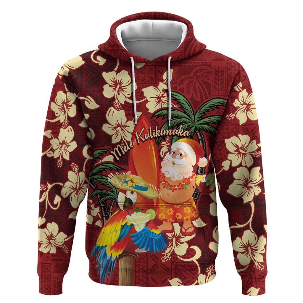 Crimson Red Tropical Christmas Hawaii Tapa Zip Hoodie Aloha Santa Drink Party LT7 Pullover Hoodie Red - Polynesian Pride