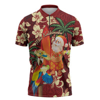 Crimson Red Tropical Christmas Hawaii Tapa Zipper Polo Shirt Aloha Santa Drink Party LT7 Red - Polynesian Pride