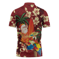 Crimson Red Tropical Christmas Hawaii Tapa Zipper Polo Shirt Aloha Santa Drink Party LT7 - Polynesian Pride