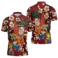 Crimson Red Tropical Christmas Hawaii Tapa Zipper Polo Shirt Aloha Santa Drink Party LT7 - Polynesian Pride